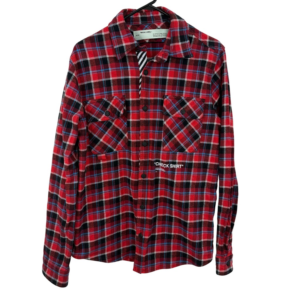 Off-White Check Shirt Mens Large Red Plaid Flannel c/o Virgil Abloh Heavy Floral